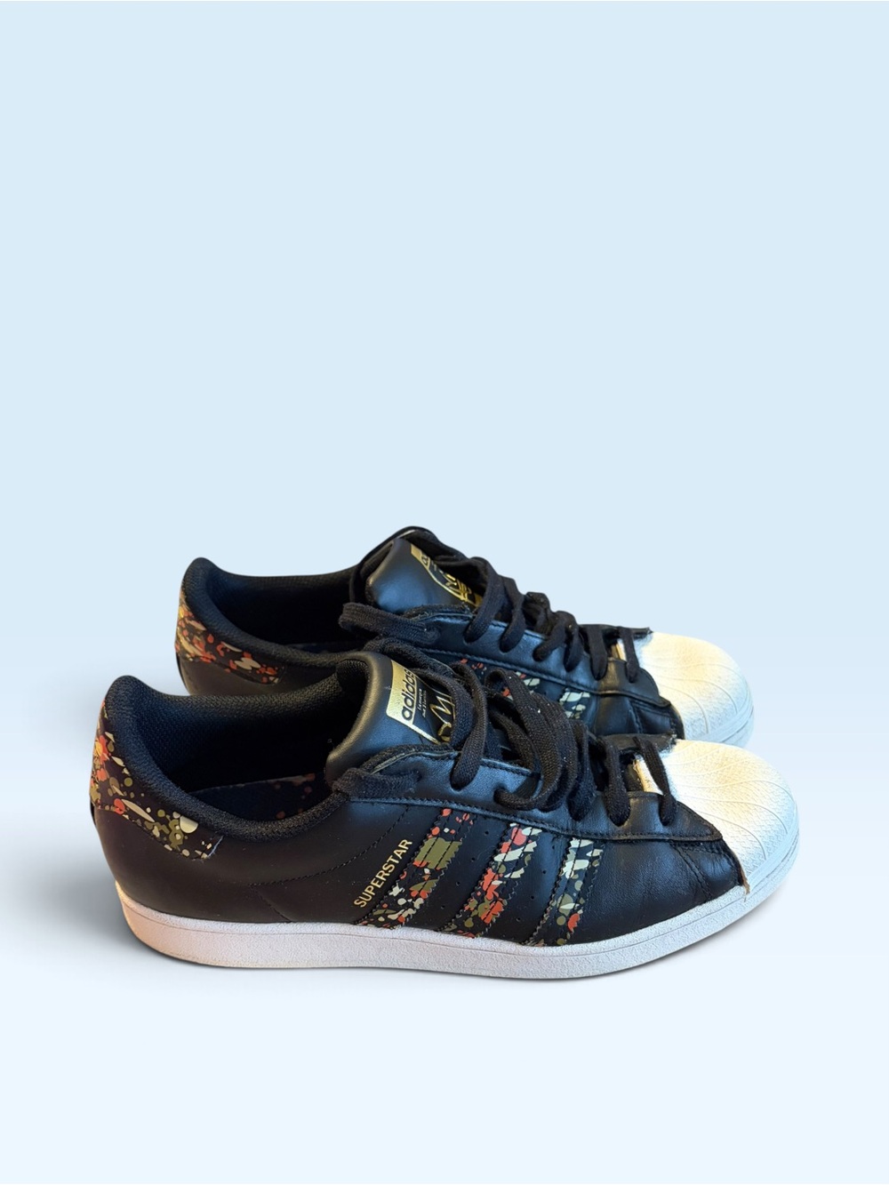 Adidas Womans superstar Leather Sneakers in Black with Floral Accents